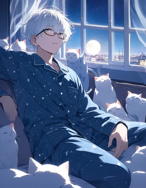 masterpiece,  ((20 years old boy)), white hair, glasses, star pattern pajamas, surrounded by many cats, the moon from the window...