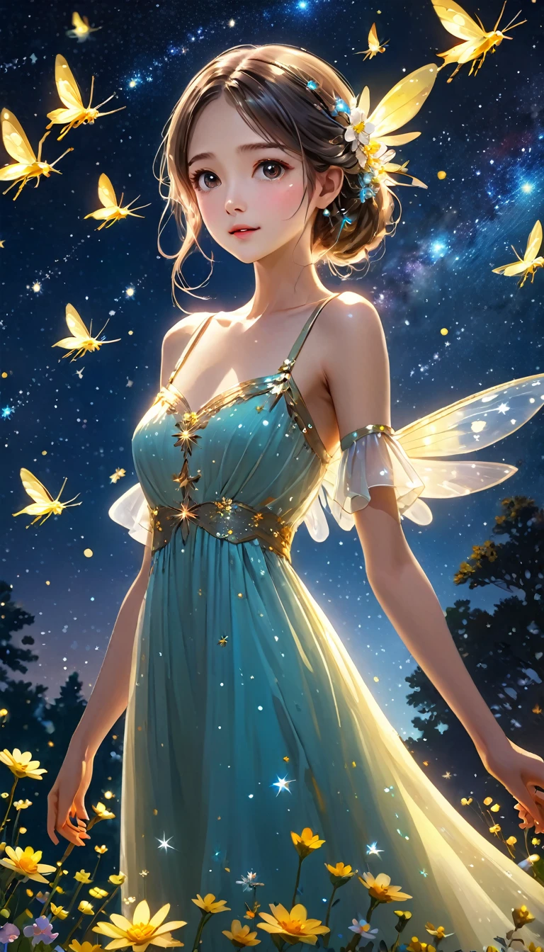 Highest quality, Great quality, 8k, Very detailed, 2.5D, delicate and dynamic, Fireflies flying around with small lights, night, Starry Sky, milky way, nebula, shooting star, Flowers, bird, Kind eyes,The expression of mercy, Delicate facial depiction,  Healthy body shape, Small breasts,  Colorful long dress, Absurd,break,