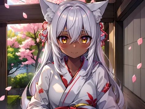 (absurdres, best quality, detailed background:1.3), extremely detailed CG, 4k, official art, beautiful detailed glow, best illuminate,
BREAK, (dark skin:1.4), shiny skin,(Fox ears, loli:1.2), white hair, shiny hair, long hair, wind, yellow eyes, (smile, closed mouth, blush:1.3), lips,
BREAK, shiromuku, white kimono, hood, BREAK, sunlight,double exposure, light leaks, depth of field, shrine, (Shinto wedding ceremony:1.2), (Shining petals:1.2),
