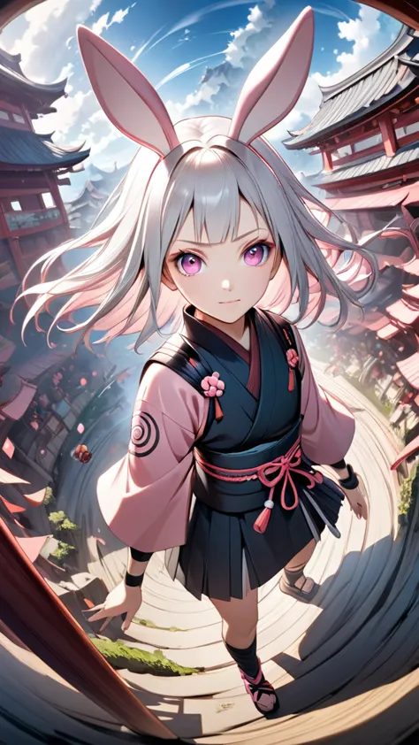 fantasy world, japanese style, naruto shippuden, she have a short silver hair,pink eyes,pink bunny ears , beautiful face, ultra ...