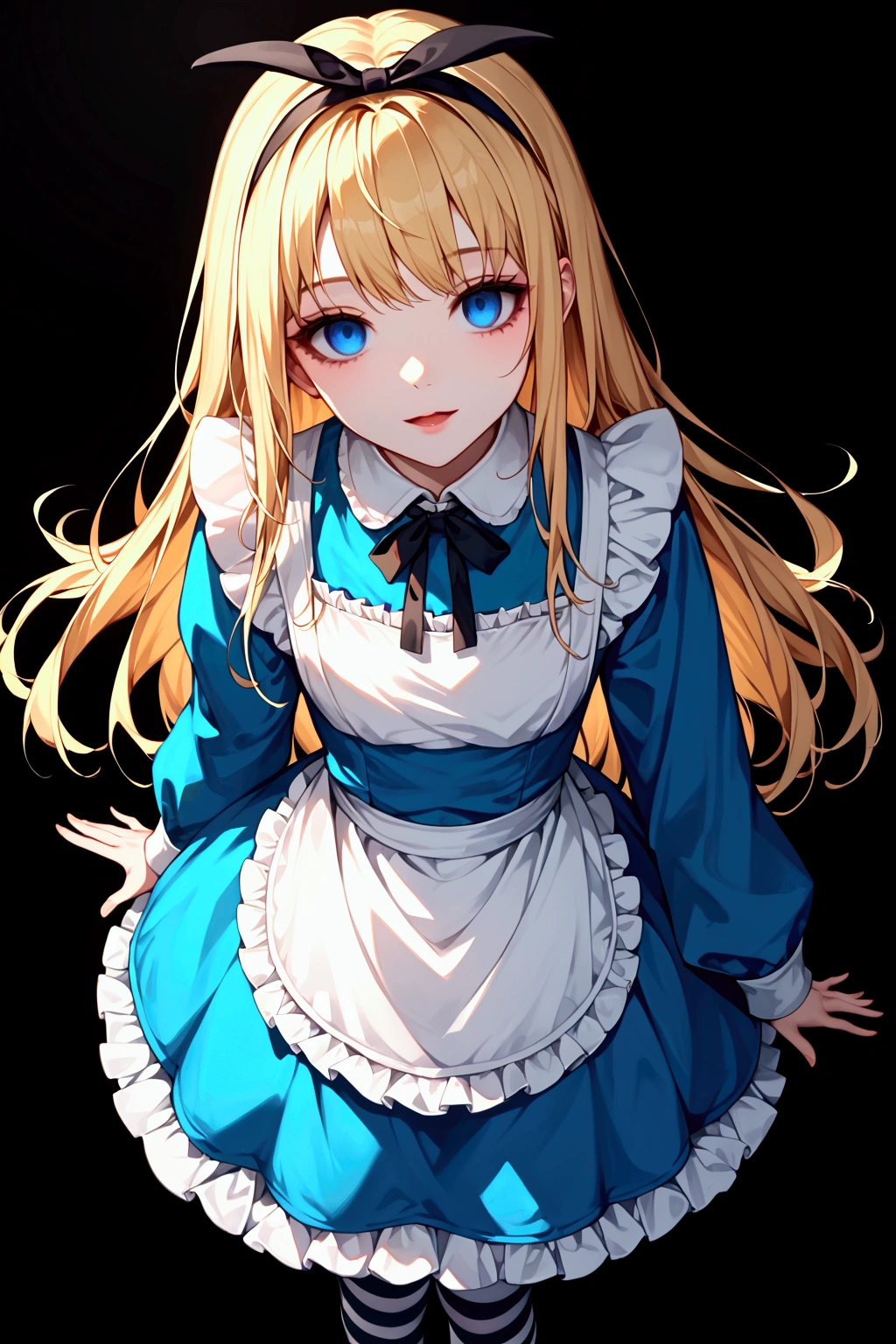 score_9, score_8_up, score_7_up, rating safe, (1girl, solo:1.4), alice (\alice in wonderland\), blonde hair, long hair, bangs, blue eyes, empty eyes, smile, faint lips, open mouth, yandere, aqua dress, frilled dress, apron dress, black ribbon, long sleeves, frilled sleeves, black headband, hair ribbon, frilled skirt, (white pantyhose, striped pantyhose:1.2), looking at viewer, from above, face forcus, stuffed rabbit, black background