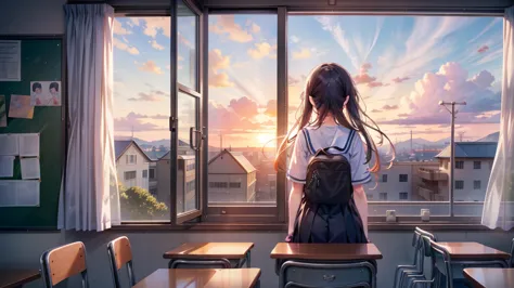 looking out at the schoolyard from the classroom window after school１people high school girls、the setting sun shines in、a girl i...