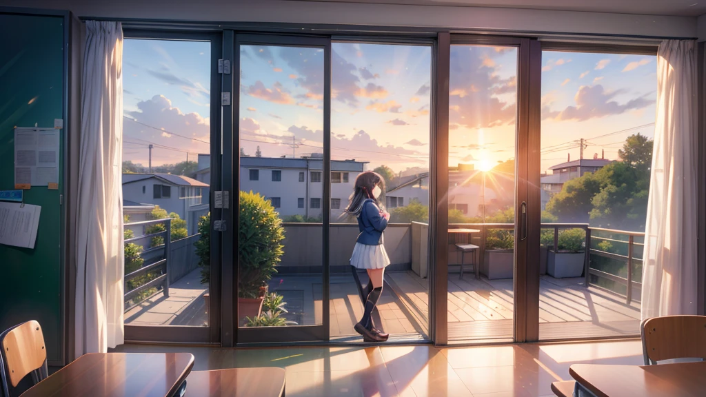 Looking out at the school grounds from the classroom window after school１People high school girls、The setting sun shines in、A girl in love is in the twilight、A scene from the movie、Pale pastel colors４color、