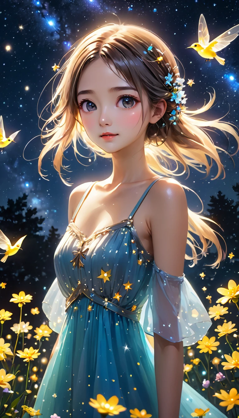 Highest quality, Great quality, 8k, Very detailed, 2.5D, delicate and dynamic, Fireflies flying around with small lights, night, Starry Sky, milky way, nebula, shooting star, Flowers, bird, Kind eyes,The expression of mercy, Delicate facial depiction,  Healthy body shape, Small breasts,  Colorful long dress, Absurd,