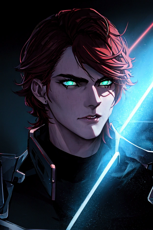 a young adult male with shaggy red hair and green eyes, wizard, modern wizard, cyberpunk wizard, detailed face, detailed eyes, beautiful detailed lips, extremely detailed eyes and face, longeyelashes, fantasy, intricate, futuristic, highly detailed, digital art, 8k, hyperrealistic, cinematic lighting, dramatic atmosphere, neon cyberpunk city, advanced technology, mechanical elements, volumetric lighting, glowing effects, moody colors, deep shadows