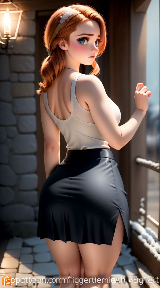 women, ((masterpiece, Best Quality)), detailed skin, Anna from Frozen clothes, Very detailed, cinematic lighting, ultra realistic, blush, looking at the viewer,  Anna, Anna the Frozen, Princess, Disney, Brown hair, by the wide, portrait, exterior, snow,  neckline,  big breasts,  Wide hips, full body view, high, 
Skirt, miniSkirt, (((microSkirt, pleated Skirt))), thighs,(take from astras)))), (((big ass)))