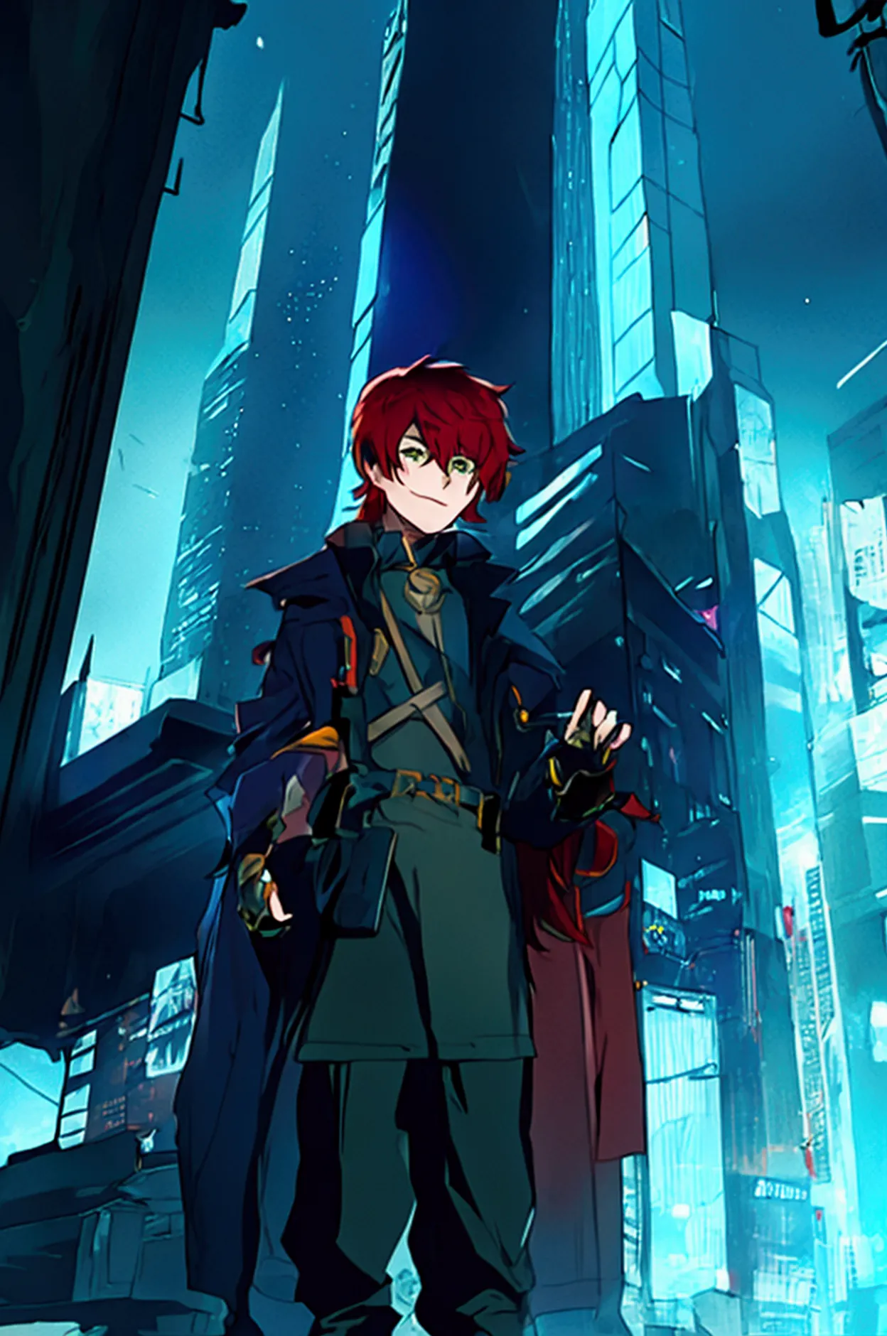 young adult male, aifh shaggy red hair, and green eyes, wizard, modern wizard, cyberpunk wizard