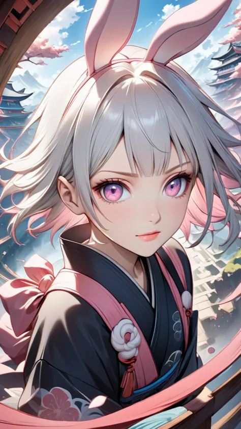 fantasy world, japanese style, naruto shippuden, she have a short silver hair,pink eyes,pink bunny ears , beautiful face, dutch ...