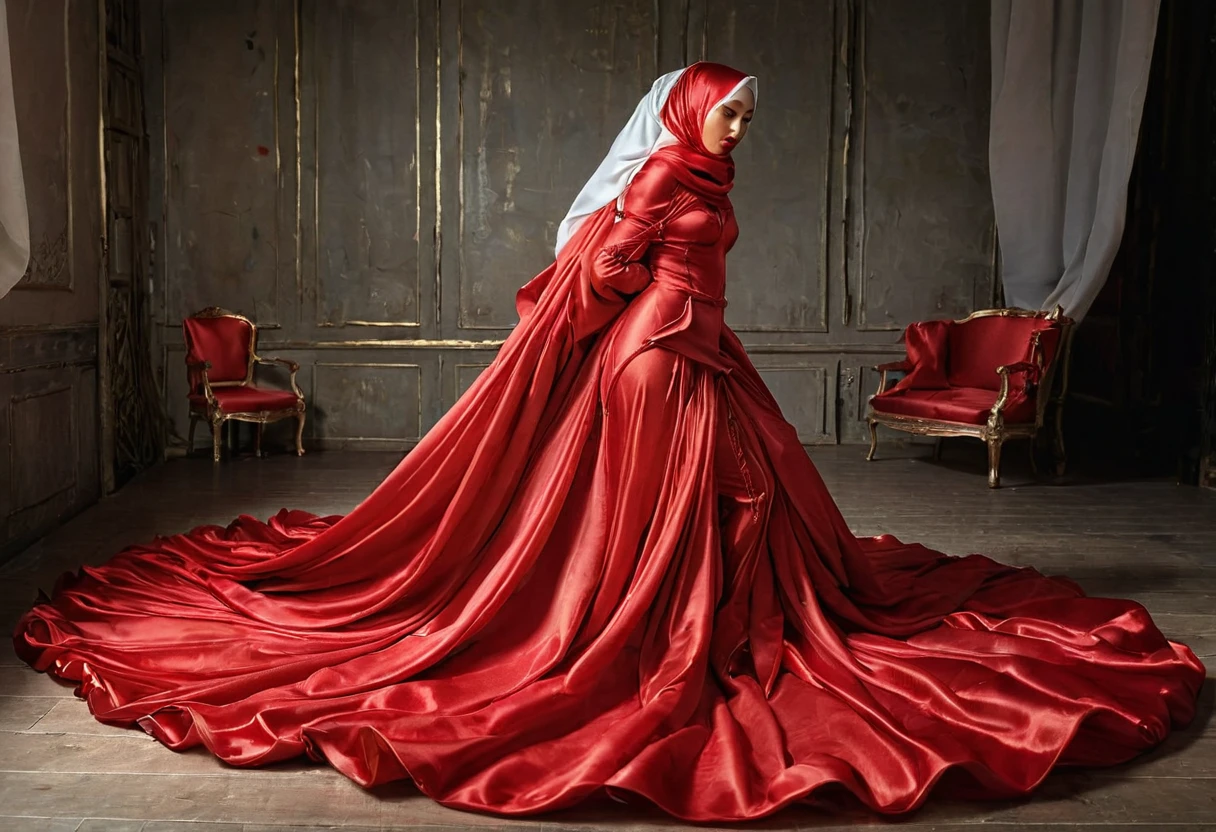 A woman shrouded in a 10-meter-long, plush red satin cloth, ballon sleeves, tightly bound and grandly draping along the form of her body, flowing off into a pooled floor-length train, styled in a mermaid-inspired outfit, her head modestly veiled in a satin hijab, 175 height woman, walk in photo studio, a full-body pose conveying a sense of elegance, captured in a 4k resolution, ultra-realistic