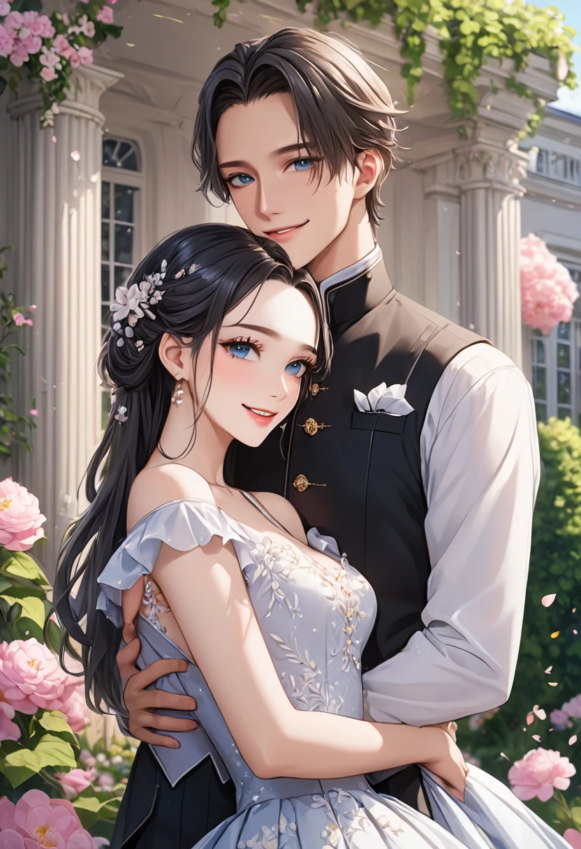 8k,high res,Skin details, Beautiful facial features, Exquisite makeup, Exquisite eyes,2 people,20-year-old,A hairstyle with parted bangs that exposes the forehead,Man and woman hugging,smile,Classical mansion,Flower Shower