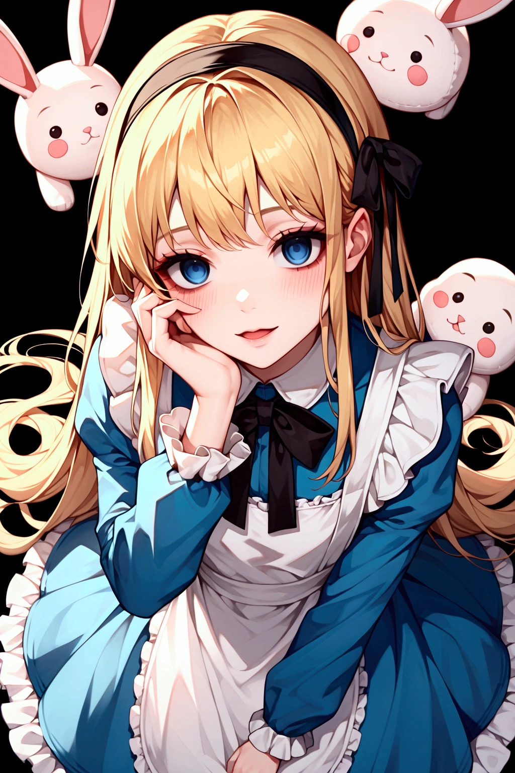 score_9, score_8_up, score_7_up, 1girl, solo, alice (\alice in wonderland\), blonde hair, long hair, bangs, blue eyes, empty eyes, smile, blush, faint lips, open mouth, yandere, yandere trance, aqua dress, frilled dress, apron dress, black ribbon, long sleeves, frilled sleeves, black hairband, hair ribbon, frilled skirt, (white pantyhose, striped pantyhose:1.2), looking at viewer, from above, face forcus, hand on own cheek, stuffed rabbit, black background