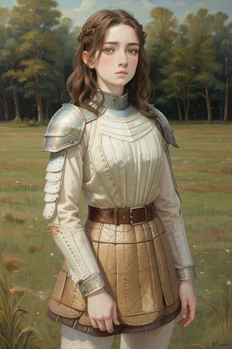 beautiful teenage girl, short wavy brown hair, rough, pale skin, freckles. goddess, padded armor, cloth armor, loose fitting shi...