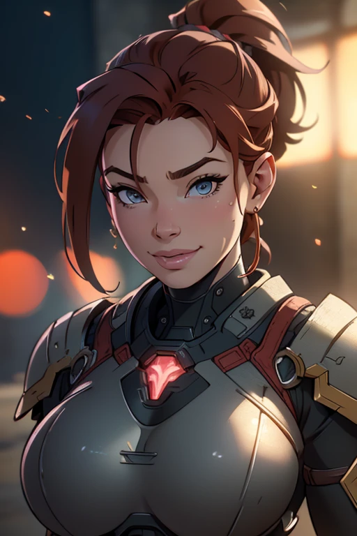 A warrior woman with big breasts, beautiful smile, ponytail hairstyle, wearing power armor, sweet cleavage, redhead, (best quality,4k,8k,highres,masterpiece:1.2),ultra-detailed,(realistic,photorealistic,photo-realistic:1.37),HDR,UHD,studio lighting,ultra-fine painting,sharp focus,physically-based rendering,extreme detail description,professional,vivid colors,bokeh,portraits,fantasy,epic