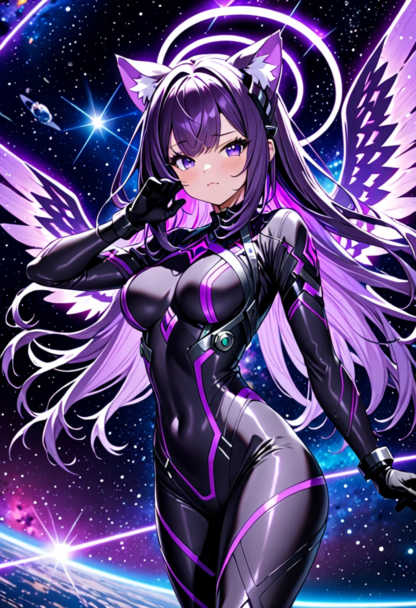 8K Ultra High-Quality, ultra-detailed, High quality, Dark Purple hair, Neon Purple Inner layer hair, Long hair, Cat ears, gloves, Neon Purple wings, Neon Purple Halo, bodysuit, Dominance pose, full body, space background, close up