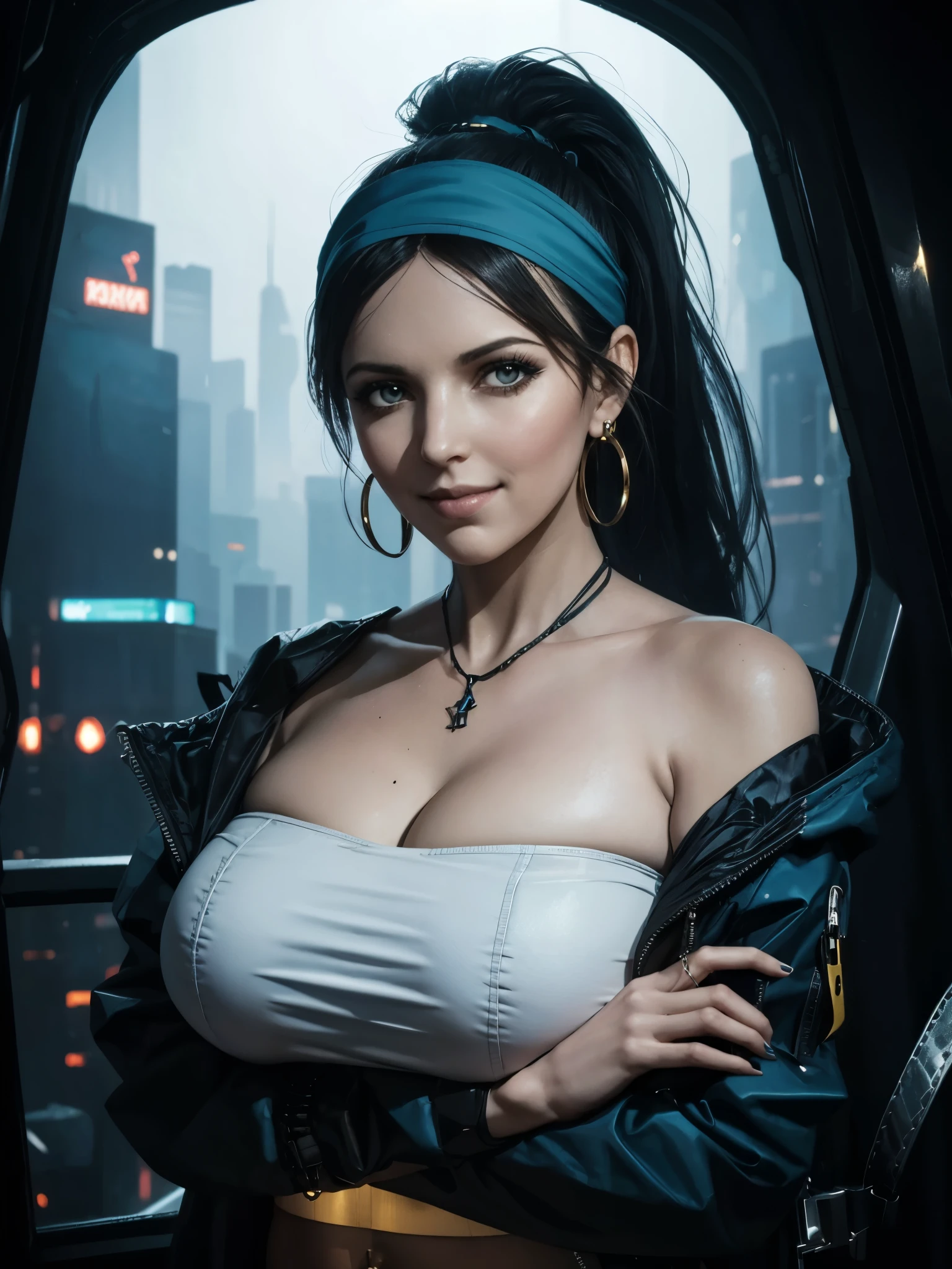 (deep blue and black theme colors:1.2), girl, oversized parachute jacket, nylon, (gigantic breast:1.2), crossed arm, hand up, (turban-style:0.8) headband, detailed face, looking at viewer, confidence smile, hoop earrings, strapless white crop tube top, high ponytail, long hair, navel, top quality, masterpiece, high resolution, cyberpunk apartment, moody atmosphere, dramatic color, futuristic setting, intricate details,