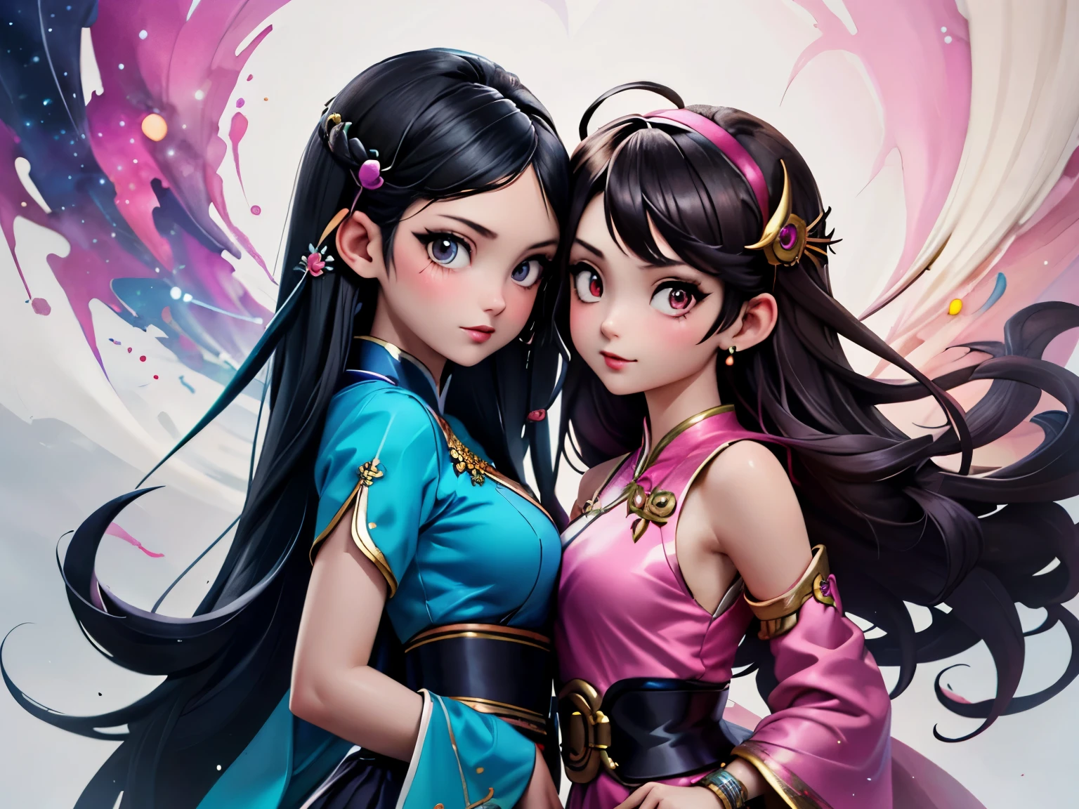 Anime illustration, two girls, dark hair, Beautiful sisters, Thai clothing, black and pink sashes, Steam Punk City, digital anime art, Gouache style art, artgerm, wlop, Aurora, Crescent moon, vintage color, vintage style, Thailand