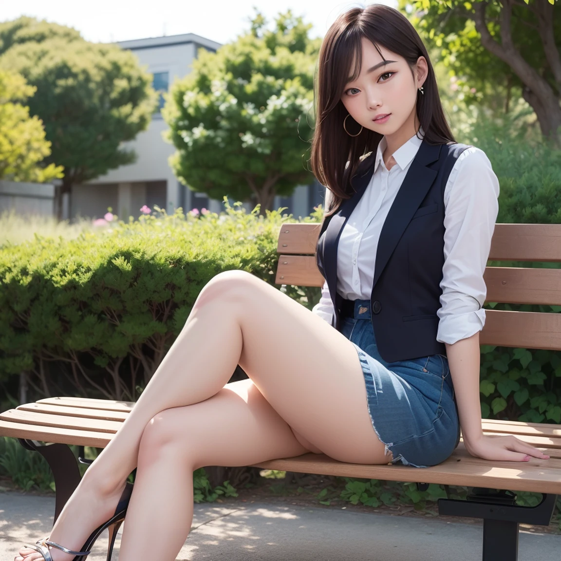 Uruchan-6500-v1.1, (RAW Photos:1.2), (Photorealistic), (Genuine:1.4), １girl、Perfect Anatomy、Looking at the camera、from the front、Medium Long Hair、Grey pencil mini skirt、Plaid vest、((Sitting on a bench:1.3)、 (Bare legs and high heels)、(Business services)、(A very loving smile:1.2)、25歳、