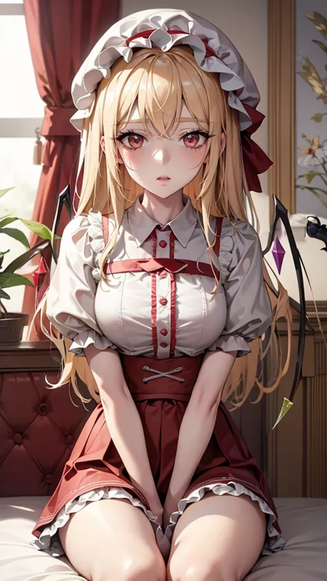 eastern project, flandre scarlet sitting on the bed wearing jk, cross your hands at your waist, light hair, warm lighting, blurr...