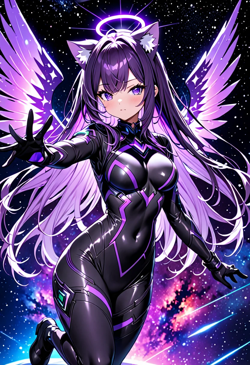 8K Ultra High-Quality, ultra-detailed, High quality, Dark Purple hair, Neon Purple Inner layer hair, Long hair, Cat ears, gloves, Neon Purple wings, Neon Purple Halo, bodysuit, Dominance pose, full body, space background, close up