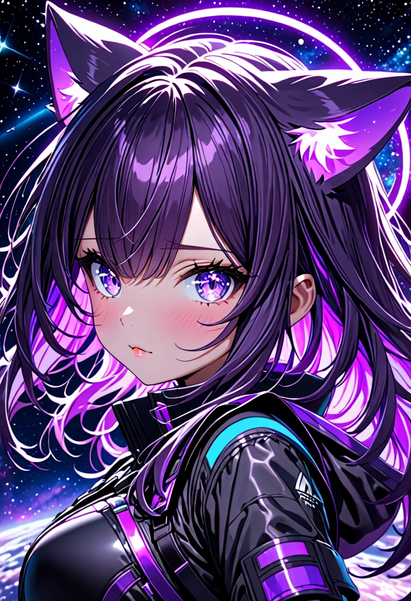 8K Ultra High-Quality, ultra-detailed, High quality, Dark Purple hair, Neon Purple Inner layer hair, Long hair, Cat ears, gloves, Neon Purple Halo, close up, glowing purple eyes, space background