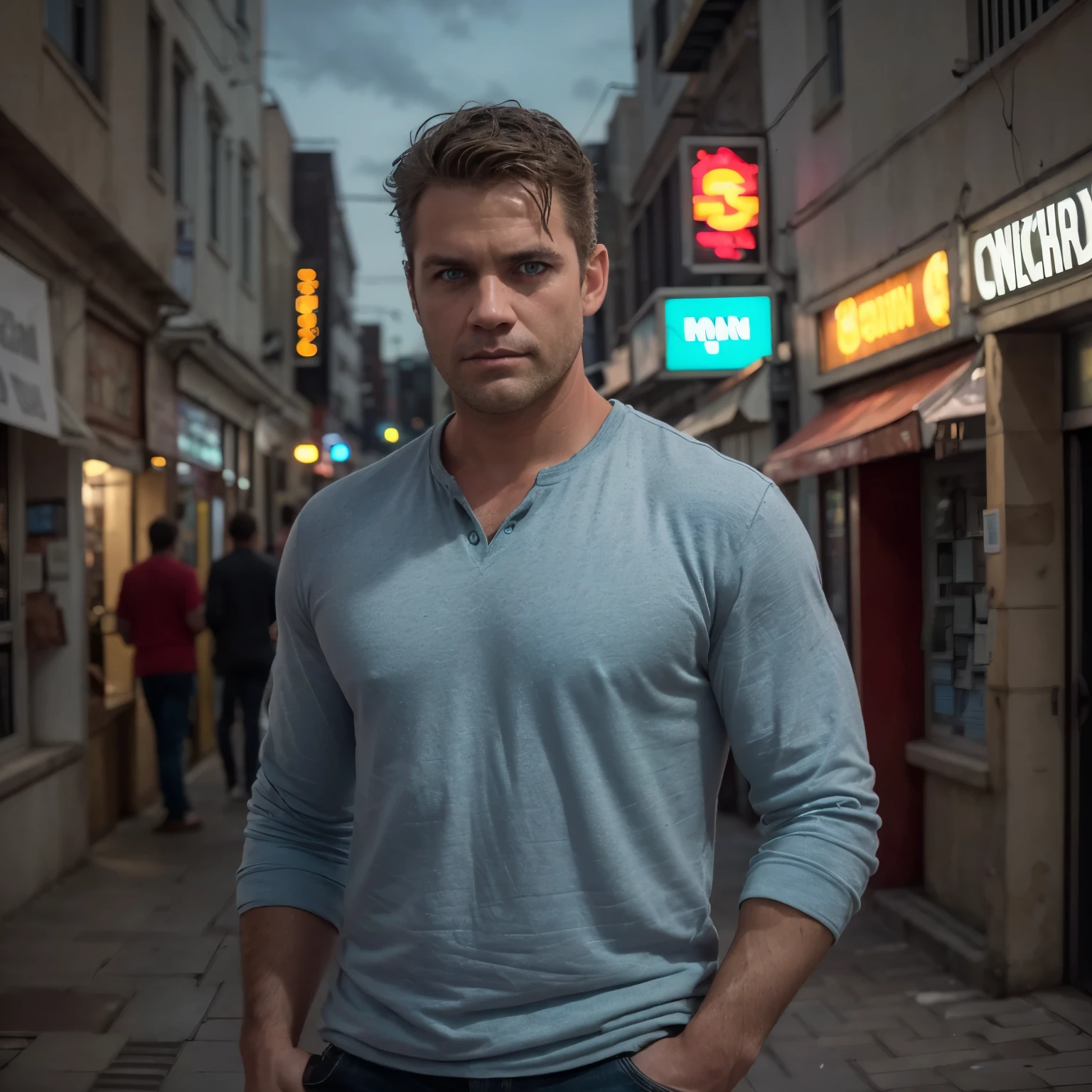 Friendly man, 30yo, highly detailed, photorealistic, cinematic lighting, vivid colors, hyper detailed, intricate details, light blue eyes, casual clothing, dramatic pose, dynamic composition, night street scene with lots of lighting from shops and bars