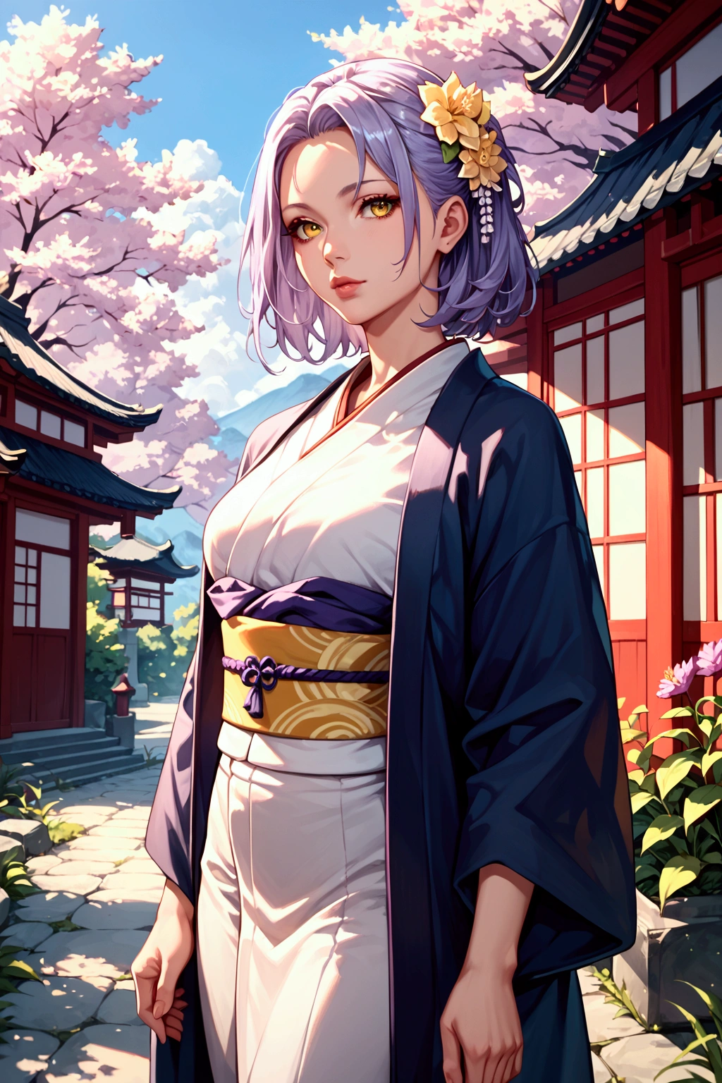 score_9, score_8_up, score_7_up, 1girl, solo, light purple hair, medium hair, two-sided up, yellow eyes, lips, japanese clothes, kimono, obi, outdoors, iris (flower)