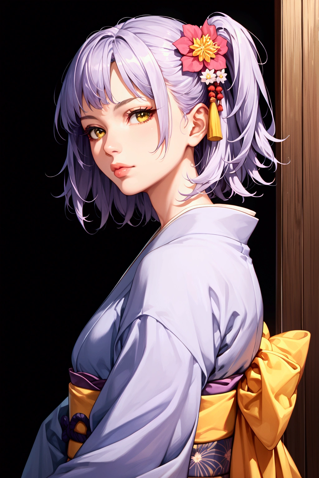 score_9, score_8_up, score_7_up, 1girl, solo, light purple hair, medium hair, two-side up, yellow eyes, lips, japanese clothes, kimono, obi, iris (flower)