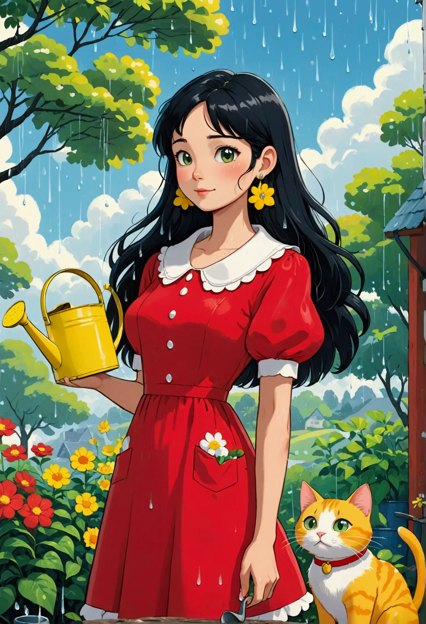 long black hair, large white floral earrings, red dress with a white scalloped collar, holding a yellow cat in a blue pocket. ou...