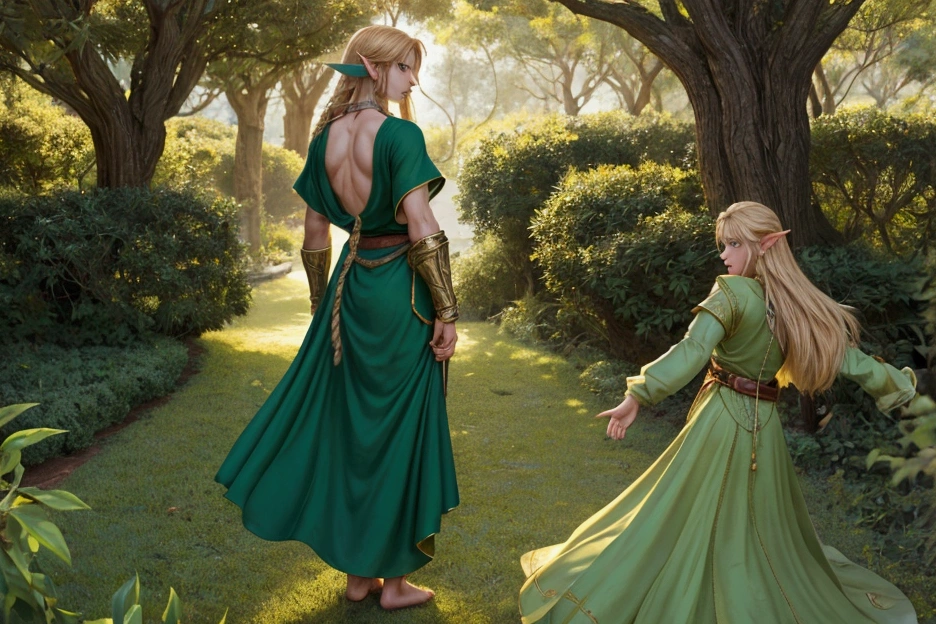 No background required、A depiction of the manly back of Link from The Legend of Zelda、Delicate depiction from head to toe、I can&#39;t see your face at all from behind、Her hair was messy and golden, reaching down to her neck.、Green themed elven outfit