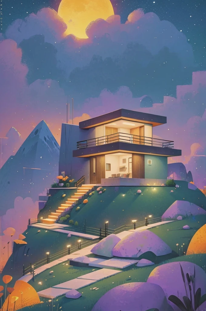 small and beautiful modern house in top of big boulders, terraces, pool, stairs, multiple cacti gardens, palms, trees, rocks, beautiful landscape design, mountains and volcano y background, amazing clouds, sun, moon, planets, milky way galaxy, concrete, wood, glass and steel materials, olive green, violet, orange and withe colors in facade