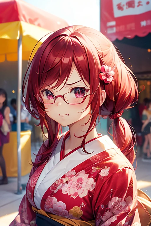 Shiny dark red hair, (Beautiful brown eyes,Sparkling eyes, fine grain),smile,Very fine eye,Highly detailed face, ,Cowboy Shot, masterpiece,High resolution,1 female,(Close-up of a woman),(Depiction of only the upper body),Short pigtails,Red glasses,Pink Lip Gloss,Pink flower-patterned kimono,Embarrassing表情,blush,(Festival food stalls),(Frowning:1.2),(anger:1.4),Contempt的な,Contempt,(dislike:1.4),Looking down,(Embarrassing,Red nose:1.3)