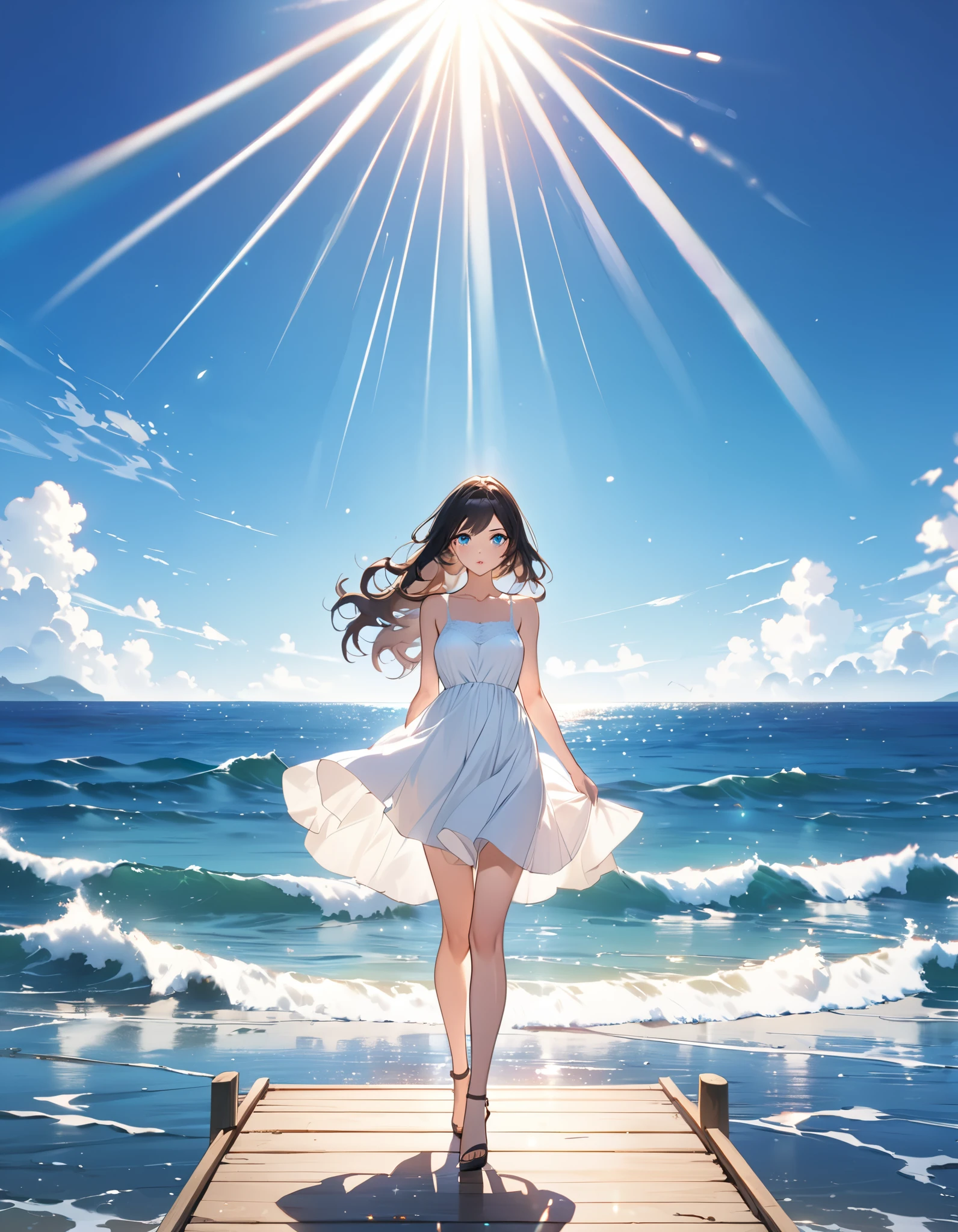 (masterpiece, best quality:1.2), illustration, anime, (wide shot), model shoot, 1girl, (armpits), long dark hair, blue ocean eyes, pretty lips, beautiful faces, beautiful eyes, white sundress, back lighting, standing on pier, (ocean, glittering water surface), waves, scenery summer pier background, vibrant color, bright sunlight, 8K, ultra HD