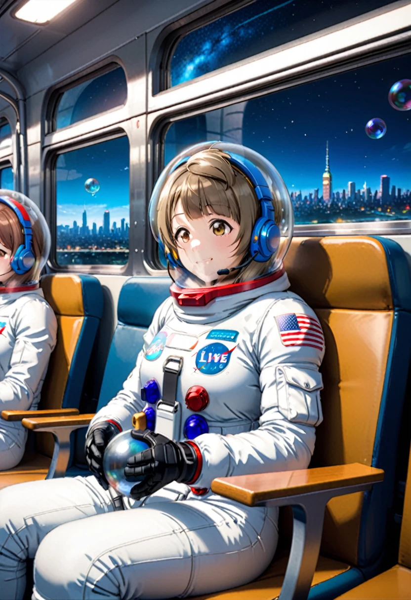 space helmet, (cinematic scene, sitting on a chair, train interior, , city view, night view: 1.5), space helmet, eva helmet, space suit, astronaut), smile bubble helmet, very detailed, speed helmet, bubble helmet, ,upper body, astronaut),eva helm, spacesuit , astronaut),girl, wearing a (spacesuit:1.15), white cargo pants, (headsets:1.5),Minami Kotori , Love Live! School Idol Project, space helmet, bubble helmet