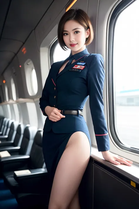 masterpiece, high-detail, the most pornographic airline stewardess in the world, ((pornographic)), in air hostess costume, brune...