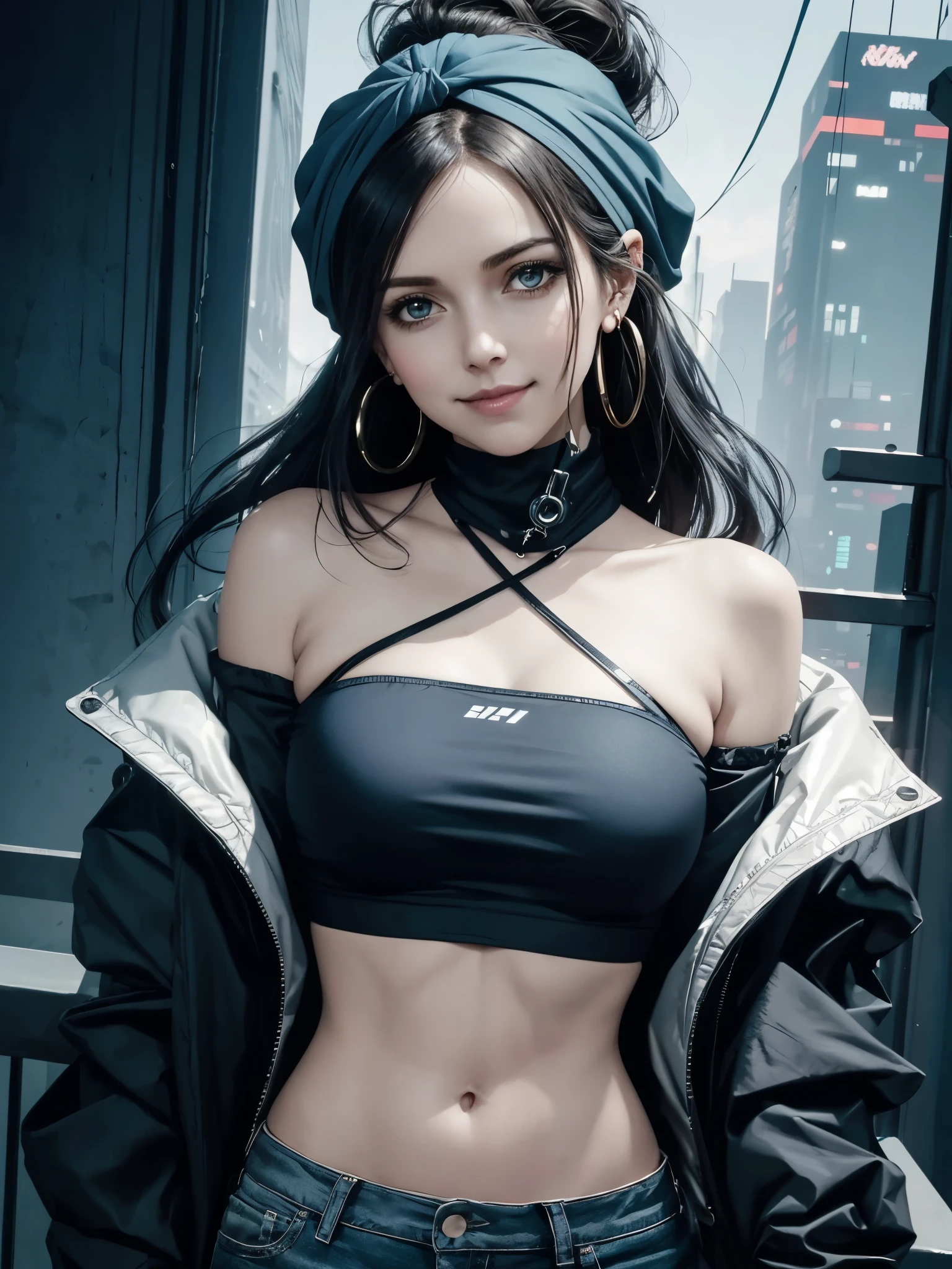 (deep blue and black theme colors:1.2), girl, oversized parachute jacket, nylon, (short, cute:1.6), (breast:1.2), crossed arm, hand up, turban-style headband, detailed face, looking at viewer, confidence smile, hoop earrings, strapless white crop tube top, high ponytail, very long hair, navel, top quality, masterpiece, high resolution, cyberpunk apartment, moody atmosphere, dramatic color, futuristic setting, intricate details,