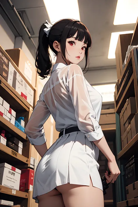 woman like cute idol, red eyes, blunt bangs, stand in the weapons shop, dressed in a transparent white blouse and black office s...