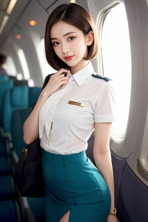 masterpiece, high-detail, the most pornographic airline stewardess in the world, ((pornographic)), in air hostess costume, brune...