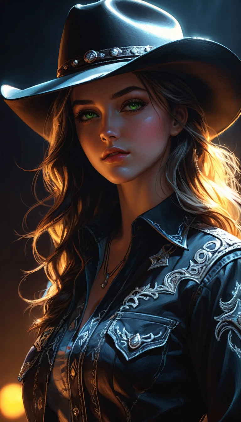 a girl in cowgirl outfit, neon bright eyes, extreme shadow, extreme darkness, (best quality,4k,8k,highres,masterpiece:1.2),ultra-detailed,(realistic,photorealistic,photo-realistic:1.37),digital painting,fantasy,moody lighting,dramatic atmosphere,cinematic,concept art