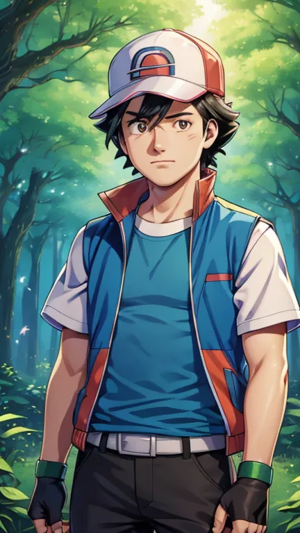 (1boy, pokemonketchum), (extremely detailed CG unit 8k wallpaper),(master part), (best quality), (ultra detail), (best illustration),(Tsukasa hojo Style), cowboy shot, (Sharp eyeliner, ombre, detailed eyes:1), forest, digital art, break , upper body, baseball cap, blue jacket, sleeveless jacket, shirt, short sleeves, pants, fingerless gloves