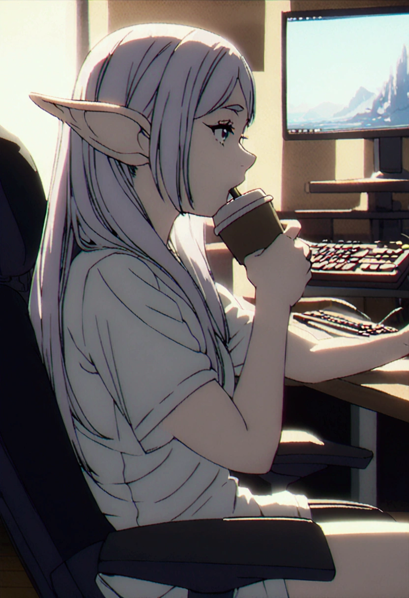 In a sexy white shirt , sitting in the games chair, playing on pc, elf ears,  drinking coffee, 4K