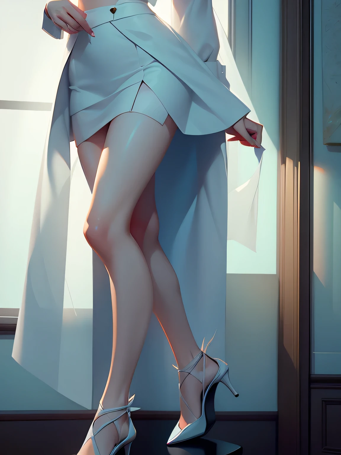 real、long legs、full、feminine、white shirt、mini skirt、high heels,very delicate face,realistic lighting and shading, (very delicate and beautiful芸術)1.2, It&#39;s elegant,dramatic shadow、very detailed。high quality、High resolution、Raw、超High resolution、super detail、(very delicate and beautiful)、very detailed、real shadow