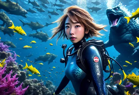 a cute yuna scuba diver in bikini, air tank, bubble stream, lurking in kelp, watching in awe and shock as godzilla battles a fis...