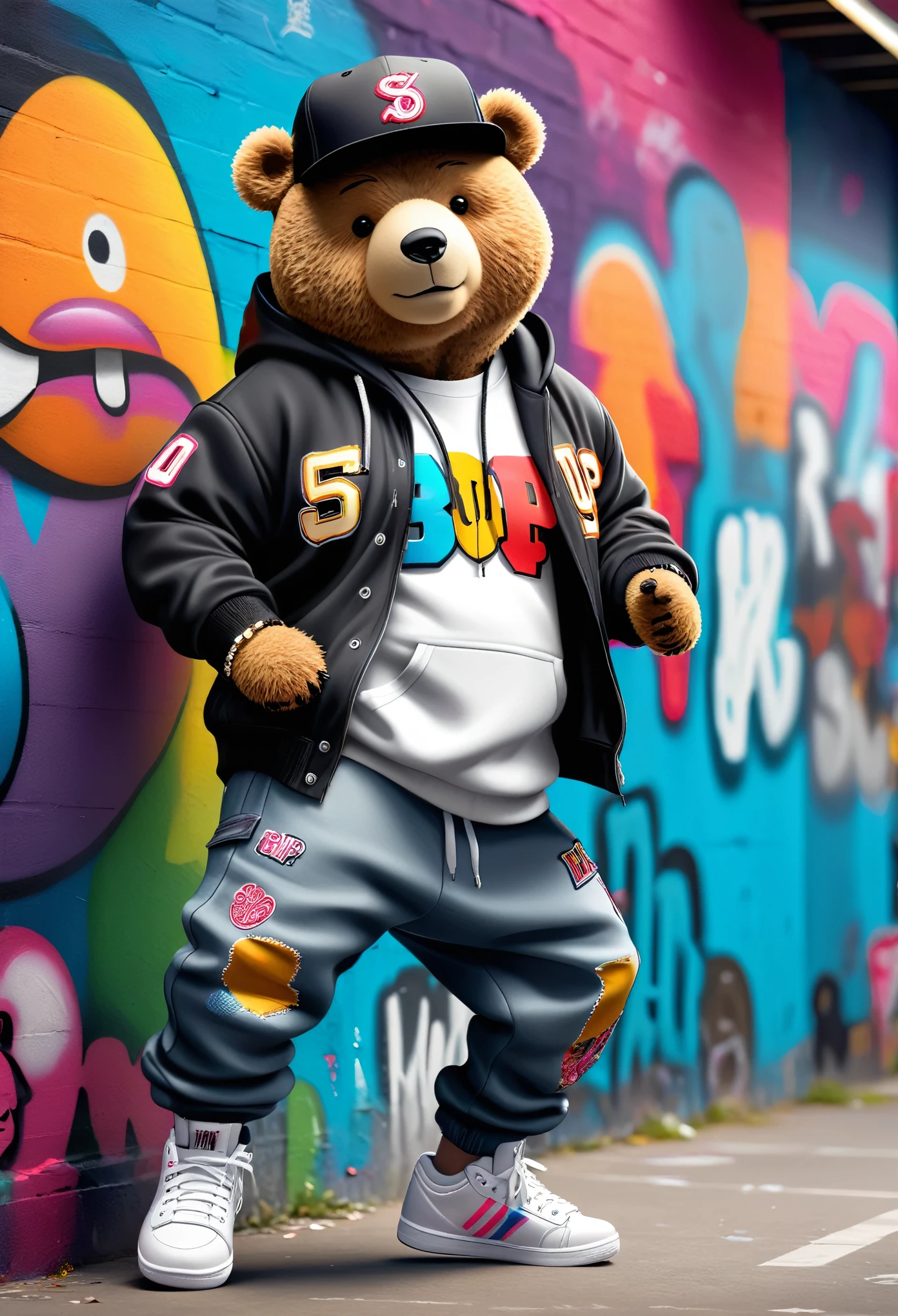 photorealistic portrait of Dressed animals - a ((fat)) (Teddy bear) hip hop dancer,(hip hop dancing:1.5),(dynamic dancing pose:1.5), high quality,(lovely) ,intricate details, highly detailed ((hip hop fashion)) ,(), (cap, pants, sneakers),(wearing a jacket and hoodie) ,(graffiti wall background),, (happy), natural lighting,(full body image:1.5),(viewed from side:2.0),score_9, score_8_up, score_7_up, score_6_up, score_5_up, score_4_up,