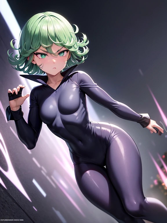 Masterpiece, best quality, ultra detailed, illustration, lighting epic, cinematic composition, 1 girl, Tatsumaki, short hair, green hair, very small breasts, green eyes, bright eyes, pouting, blushing, closed mouth, piercing gaze, full body, black collar, tall, slim, athletic, circles on her wrists, pink details, black fingerless gloves, pink wristbands, nanotech speedster suit that resembles light armor, blue chest with an emblem, blue chest, black suit with pink lines, pink speed emblem on her chest, pink emblem, blue pants, gray knee pads, metallic pink boots, white superhero belt, running through the city, pink light trail, laser, city background, anime
