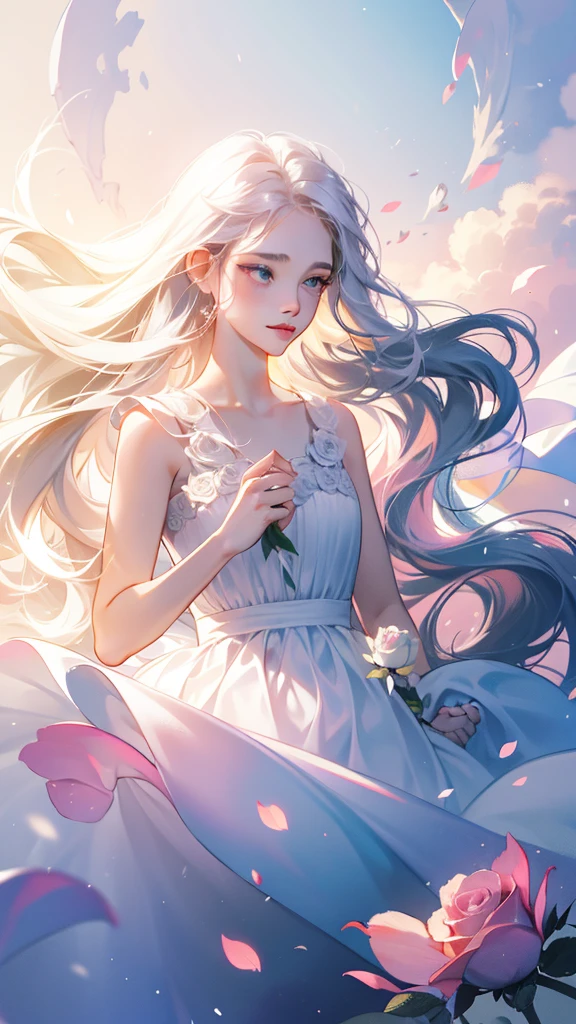 An 1 girl is wearing a rosa rose, Long hair, Sleeveless White Dress, holding a rosa rose. Feeling the scent of the flower, bright fantasy, surrealism, Michael Cormac, rosa, Monochromatic tranquility, Bright atmosphere, Sun light, Happiness, Happiness, It&#39;s a smile,