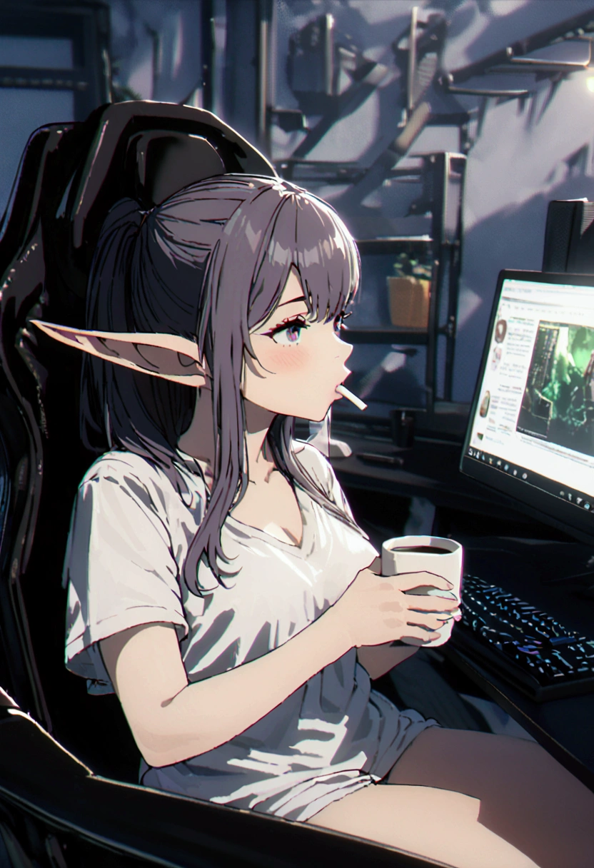 In a sexy white shirt , sitting in the games chair, playing on pc, elf ears,  drinking coffee, 4K