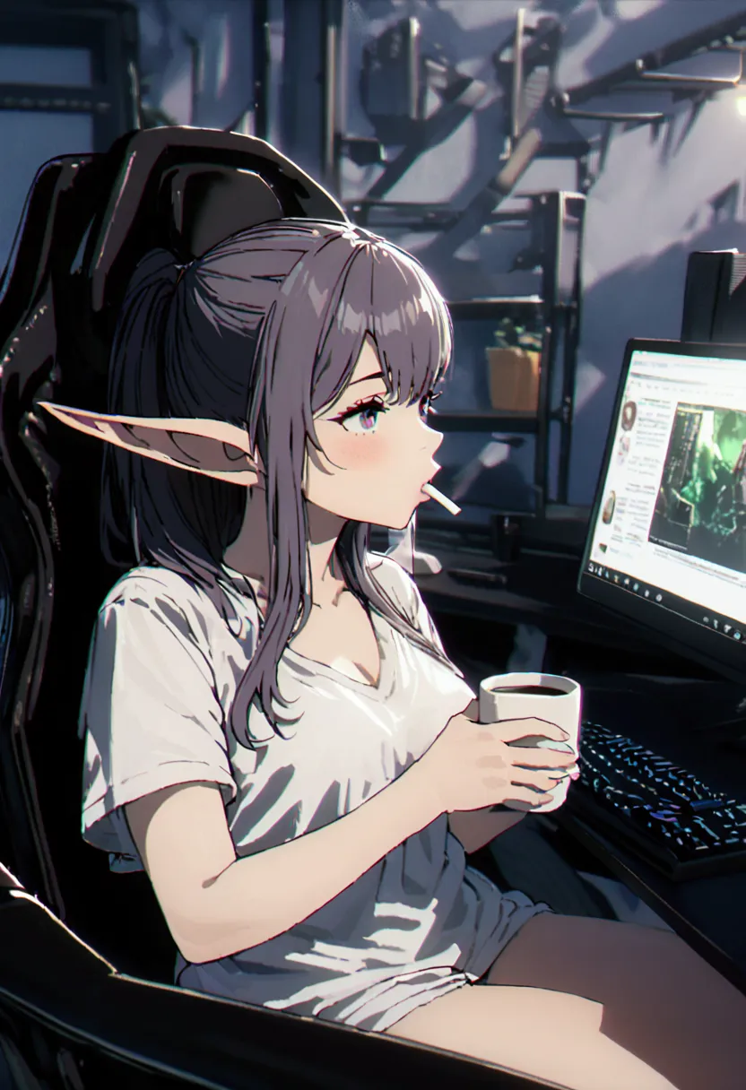 in a sexy white shirt , sitting in the games chair, playing on pc, elf ears,  drinking coffee, 4k