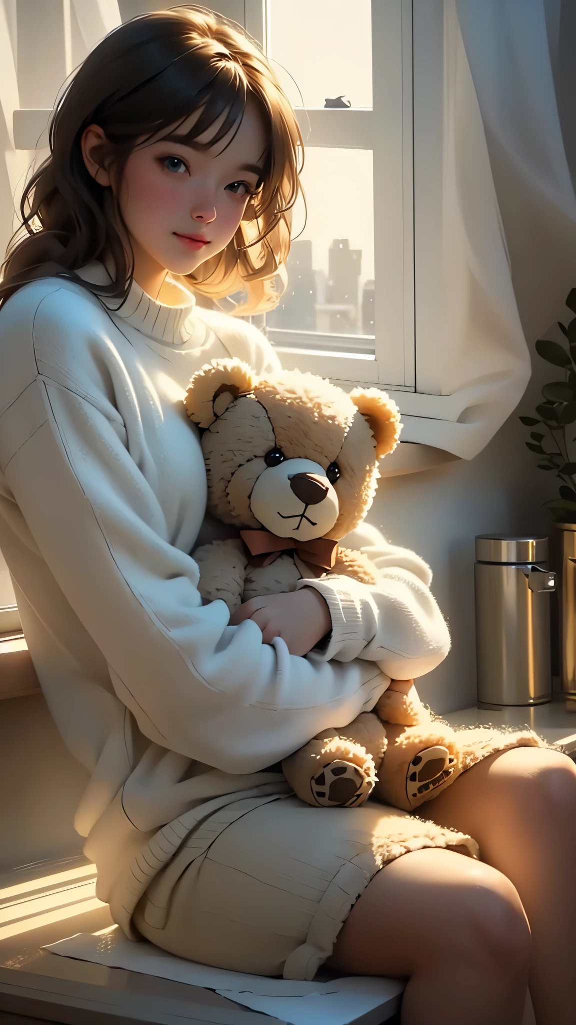 a cute teddy bear, sitting on a window sill, soft plush fur, adorable expression, sunlight streaming in, cozy home interior, warm tones, photorealistic, high quality, detailed, 8k