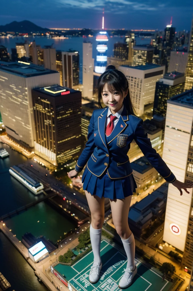 (Super Best masterpiece giant Art), (16K, Highest quality, Ultra-high resolution), (Japanese High School Girl, Satomi), (Height 2,000m), (Blue Uniform, Japanese style blazer, short black mini skirt, Red tie, White socks, Navy blue leather shoes), (Big Breasts, J-Cup), (very small metropolis, Trying to destroy a miniature metropolis, Full body description, Invincible smile, Giga Giants, Giant, Crush City, Small Town, Micro City), (AM10:00), 近づくGiga Giantsのド迫力描写