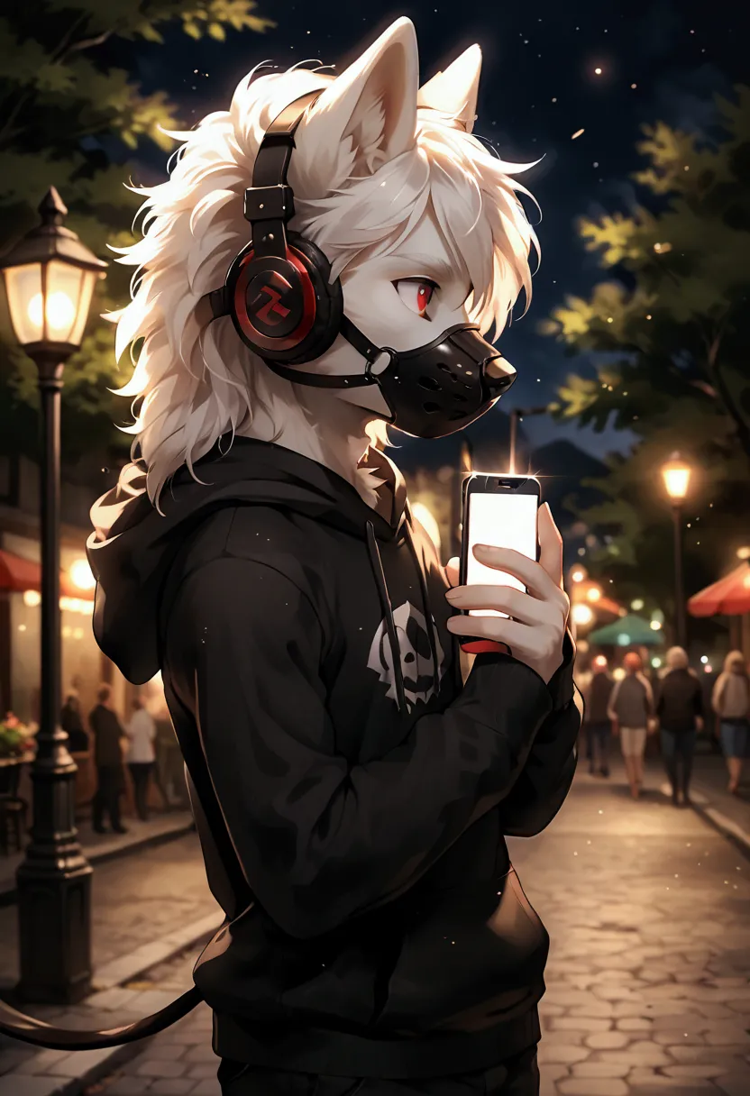 fur, soft lighting, solo, humanoid male wolf, muzzle, white body, short white hair, smooth fur, streetlight, side view, looking ...